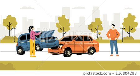 Road traffic accident. Upset drivers standing near crashed cars. Car crash on road. Vehicle is broken in city. Smashed auto on highway. Collision of vehicles, wreck. Automobile damaged vector concept Road traffic accident. Upset drivers standing near crashed cars. Car crash on road. Vehicle is broken in city. Smashed auto on highway. Collision of vehicles, wreck. Automobile damaged vector concept 116804298
