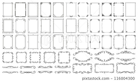 Vintage calligraphic frames. Ornate calligraphy frame, retro elegant ornamental borders, filigree floral ornaments for framed certificate template. Isolated vector decorative Victorian dividers set Vintage calligraphic frames. Ornate calligraphy frame, retro elegant ornamental borders, filigree floral ornaments for framed certificate template. Isolated vector decorative Victorian dividers set 116804300