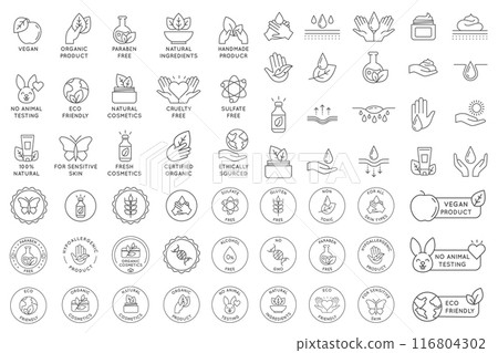 Eco cosmetics icon. Organic natural products alcohol, fragrance, chemical, and silicone free line icons for packaging. Round stamps and badges vector set 116804302
