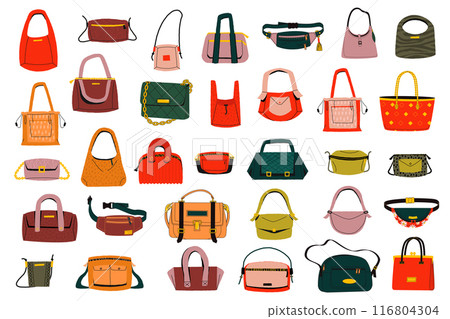 Women handbags. Fashionable leather bag isolated cartoon vector set. Bags and luxury clutch with zippers and pockets, handles. Casual lady stylish and elegance accessory big collection Women handbags. Fashionable leather bag isolated cartoon vector set. Bags and luxury clutch with zippers and pockets, handles. Casual lady stylish and elegance accessory big collection 116804304