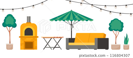 Cozy backyard with vintage cone fireplace and plants in pots House patio with furniture for picnic and sun umbrella with barbecue, green tree. Summer landscape of yard. Vector cartoon illustration 116804307
