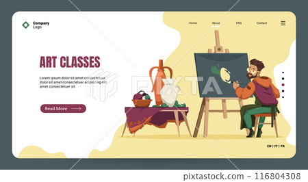 Art class landing page. Painter with brush drawings still life on canvas cartoon colorful vector concept. Drawing creative materials illustration for workshops designs 116804308