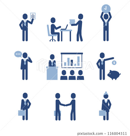 Corporate concept icon set. Simple blue pictograms with office characters isolated on white background. Corporate concept icon set. Simple blue pictograms with office characters isolated on white background. 116804311