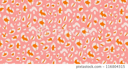 Leopard pink seamless pattern. Animalistic print for fabric, paper. Vector hand-drawn background 116804315
