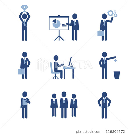 Management business characters simple style icons. Set of office workers, consulting team, meeting, businessman, workshop and more pictograms. 116804372