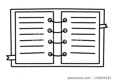 Opened lined notebook with bookmarks. Outline doodle. Vector illustration. Line hand drawing. Opened lined notebook with bookmarks. Outline doodle. Vector illustration. Line hand drawing. 116804381