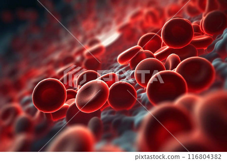Red blood cells flowing through vein. Blood under the microscope. Blood test.  116804382