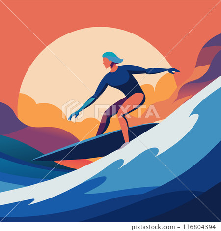 Surfer riding the wave in minimalist style illustration, with vibrant flat colors 116804394