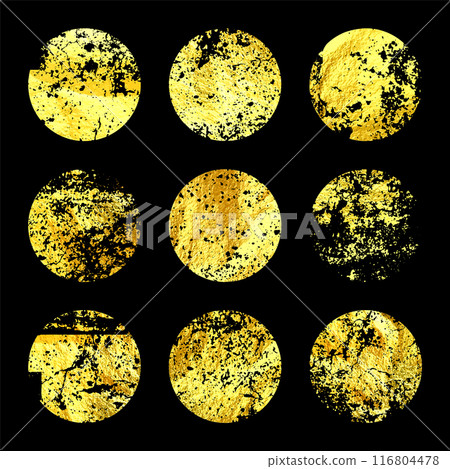 Grunge gold foil, shiny handmade circles. Golden glittering texture, pattern. Luxury shining hand drawn background. Wedding, greeting card decoration elements. Modern art. Vector illustration Grunge gold foil, shiny handmade circles. Golden glittering texture, pattern. Luxury shining hand drawn background. Wedding, greeting card decoration elements. Modern art. Vector illustration 116804478