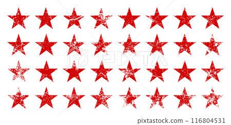 Red vintage stars with cracks and stains. Old hand-drawn sign, black simple shape. Retro design element with distressed effect, grunge texture. Vector illustration Red vintage stars with cracks and stains. Old hand-drawn sign, black simple shape. Retro design element with distressed effect, grunge texture. Vector illustration 116804531