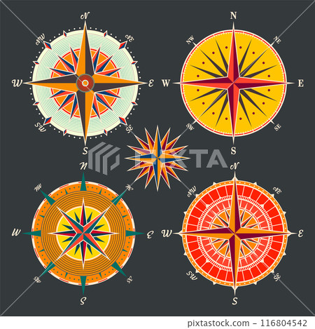 Vintage marine wind rose, nautical chart. Colorful navigational compass with cardinal directions of North, East, South, West. Geographical position, cartography and navigation. Vector illustration Vintage marine wind rose, nautical chart. Colorful navigational compass with cardinal directions of North, East, South, West. Geographical position, cartography and navigation. Vector illustration 116804542