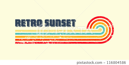 Grunge horizontal vintage sunset. Various colorful striped sunrise badges in 80s and 90s style. Sun and ocean view, summer vibes, surfing. Design element, print, logo or t-shirt. Vector illustration Grunge horizontal vintage sunset. Various colorful striped sunrise badges in 80s and 90s style. Sun and ocean view, summer vibes, surfing. Design element, print, logo or t-shirt. Vector illustration 116804586