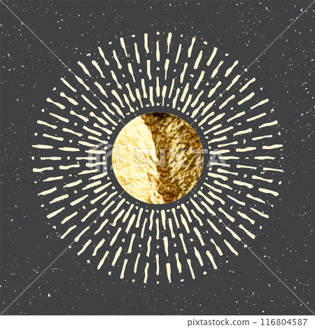 Vintage grunge sunburst sunset beams. Gold foil, shiny handmade circles. Golden glittering texture, pattern. Hand drawn bursting sun, light rays. Logotype, lettering, retro style. Vector illustration Vintage grunge sunburst sunset beams. Gold foil, shiny handmade circles. Golden glittering texture, pattern. Hand drawn bursting sun, light rays. Logotype, lettering, retro style. Vector illustration 116804587