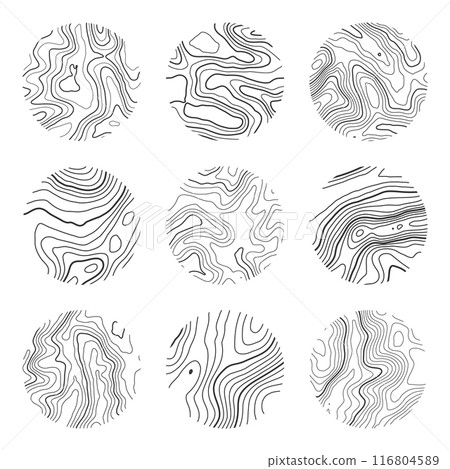 Topographic map with contour lines. Geographic terrain grid, relief height elevation. Ground path pattern. Travel and navigation, cartography design element. Vector illustration Topographic map with contour lines. Geographic terrain grid, relief height elevation. Ground path pattern. Travel and navigation, cartography design element. Vector illustration 116804589
