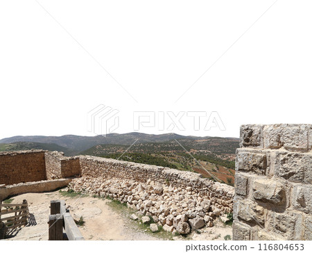 The ayyubid castle of Ajloun (built in the 12th century) in northern Jordan, Middle East. On white background The ayyubid castle of Ajloun (built in the 12th century) in northern Jordan, Middle East. On white background 116804653