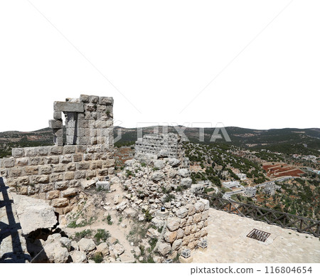 The ayyubid castle of Ajloun (built in the 12th century) in northern Jordan, Middle East. On white background The ayyubid castle of Ajloun (built in the 12th century) in northern Jordan, Middle East. On white background 116804654