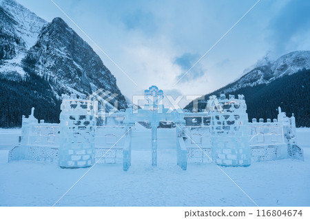 Skating rink and carved ice castle on Lake Louise in winter 116804674