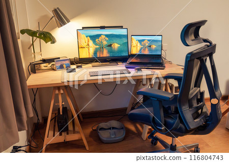 Interior workplace with laptop, monitor, computer device, lighting lamp, green leaf on wooden table and ergonomic chair 116804743