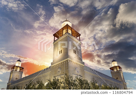 King Hussein Bin Talal mosque in Amman (at night), Jordan.  Against the background of a beautiful sky with clouds 116804794