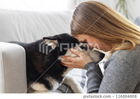 Woman and husky bonding on the couch Woman and husky bonding on the couch 116804808