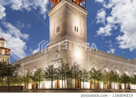 King Hussein Bin Talal mosque in Amman (at night), Jordan.  Against the background of a beautiful sky with clouds 116804819