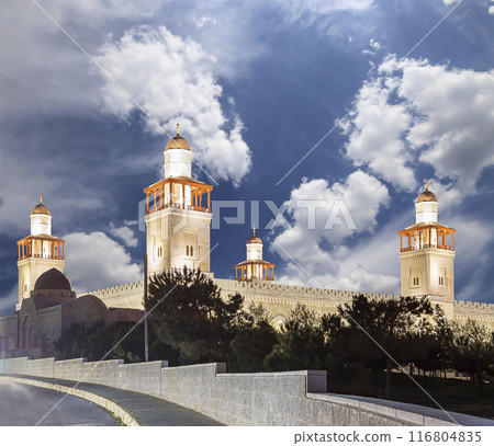 King Hussein Bin Talal mosque in Amman (at night), Jordan.  Against the background of a beautiful sky with clouds 116804835