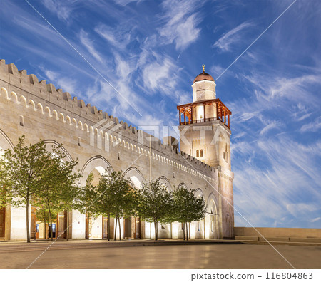 King Hussein Bin Talal mosque in Amman (at night), Jordan.  Against the background of a beautiful sky with clouds 116804863
