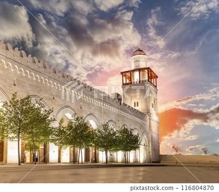 King Hussein Bin Talal mosque in Amman (at night), Jordan.  Against the background of a beautiful sky with clouds 116804870