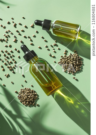 CBD Oil Bottles with Hemp Seeds on Green background, Highlighting Natural Health Supplements 116804881
