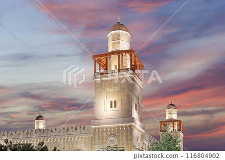 King Hussein Bin Talal mosque in Amman (at night), Jordan.  Against the background of a beautiful sky with clouds 116804902