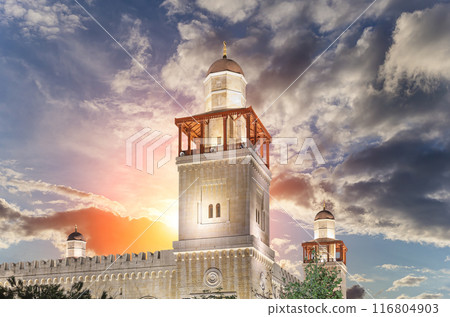 King Hussein Bin Talal mosque in Amman (at night), Jordan.  Against the background of a beautiful sky with clouds 116804903