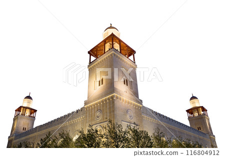 King Hussein Bin Talal mosque in Amman (at night), Jordan.  On white background 116804912