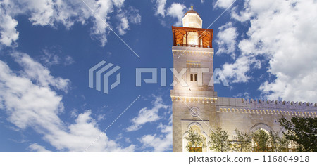 King Hussein Bin Talal mosque in Amman (at night), Jordan.  Against the background of a beautiful sky with clouds 116804918