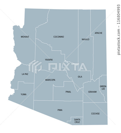 Arizona counties, gray political map. Landlocked state nicknamed Grand Canyon State, in the Southwestern region of the United States, subdivided into 15 counties. Map with boundaries and county names. Arizona counties, gray political map. Landlocked state nicknamed Grand Canyon State, in the Southwestern region of the United States, subdivided into 15 counties. Map with boundaries and county names. 116804993