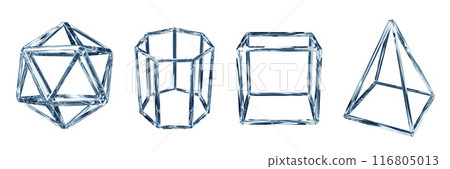 3D futuristic grid object set, geometric shapes, transparent crystal holographic abstract wireframe. 116805013