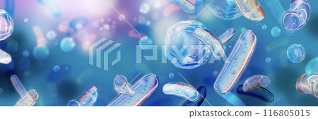3D probiotic medical background render, microbiology bacillus microflora blue banner, microbiota.  116805015