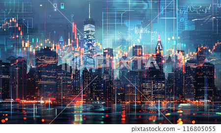A futuristic city lights up with data graphs overlaying the skyline, showing dynamic financial trends 116805055