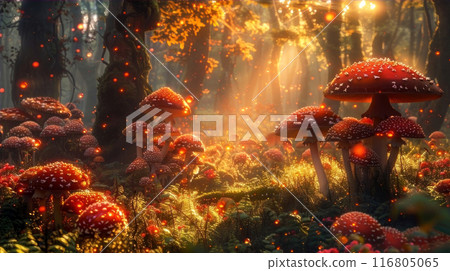 Enter a magical forest realm with radiant, red-speckled mushrooms 116805065
