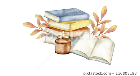 Cozy autumn composition with books stroke, candle light in glass and colorful red autumn leaves watercolor illustration. Hand drawn fall collection for stationery, packing, greeting card 116805188