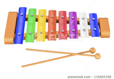 Wooden Xylophone 8 Notes for Kids Toddler with Multicolored Metal Bars. 3D rendering Wooden Xylophone 8 Notes for Kids Toddler with Multicolored Metal Bars. 3D rendering 116805206