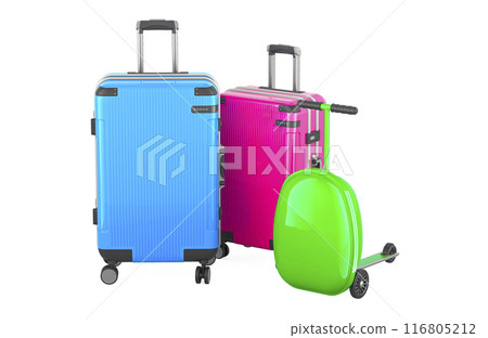 Family travel, concept. Luggages and Scooter Suitcase. 3D rendering Family travel, concept. Luggages and Scooter Suitcase. 3D rendering 116805212
