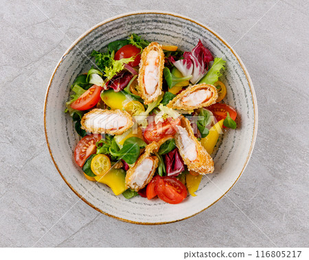 salad with panko shrimp, avocado and mango on a gray background for the restaurant menu, salad with panko shrimp, avocado and mango on a gray background for the restaurant menu, 116805217