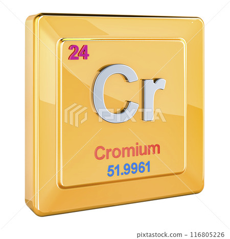 Chromium Cr, chemical element sign with number 24 in periodic table. 3D rendering Chromium Cr, chemical element sign with number 24 in periodic table. 3D rendering 116805226