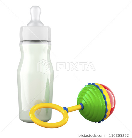 Baby bottle with baby rattle, 3D rendering Baby bottle with baby rattle, 3D rendering 116805232