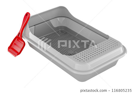 Cat Litter Box with litter scoop. 3D rendering Cat Litter Box with litter scoop. 3D rendering 116805235