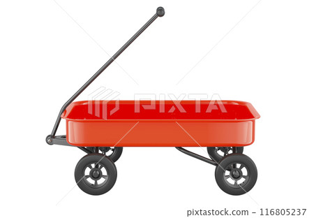 Empty red kids toy wagon, side view. 3D rendering Empty red kids toy wagon, side view. 3D rendering 116805237