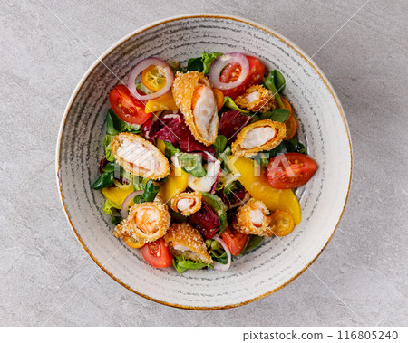 salad with panko shrimp, avocado and mango on a gray background for the restaurant menu, salad with panko shrimp, avocado and mango on a gray background for the restaurant menu, 116805240
