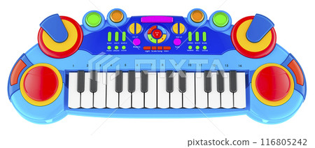 Kids Keyboard Multifunction Piano Keyboard Toddler, top view. 3D rendering Kids Keyboard Multifunction Piano Keyboard Toddler, top view. 3D rendering 116805242