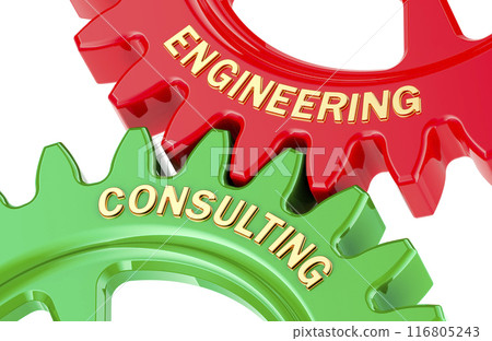 Engineering Consulting concept with colored gearwheels. 3D rendering Engineering Consulting concept with colored gearwheels. 3D rendering 116805243