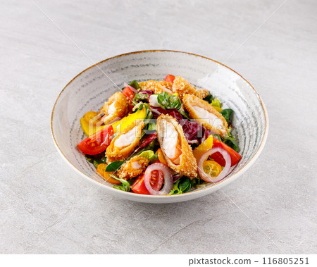 salad with panko shrimp, avocado and mango on a gray background for the restaurant menu, salad with panko shrimp, avocado and mango on a gray background for the restaurant menu, 116805251